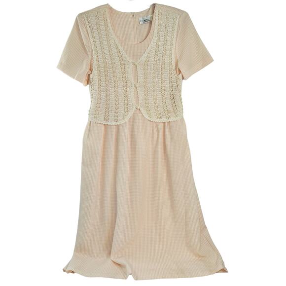 80s Vintage Cottage Core Midi Dress Crochet Vest Pastel Pink Gingham Prairie - Picture 1 of 10